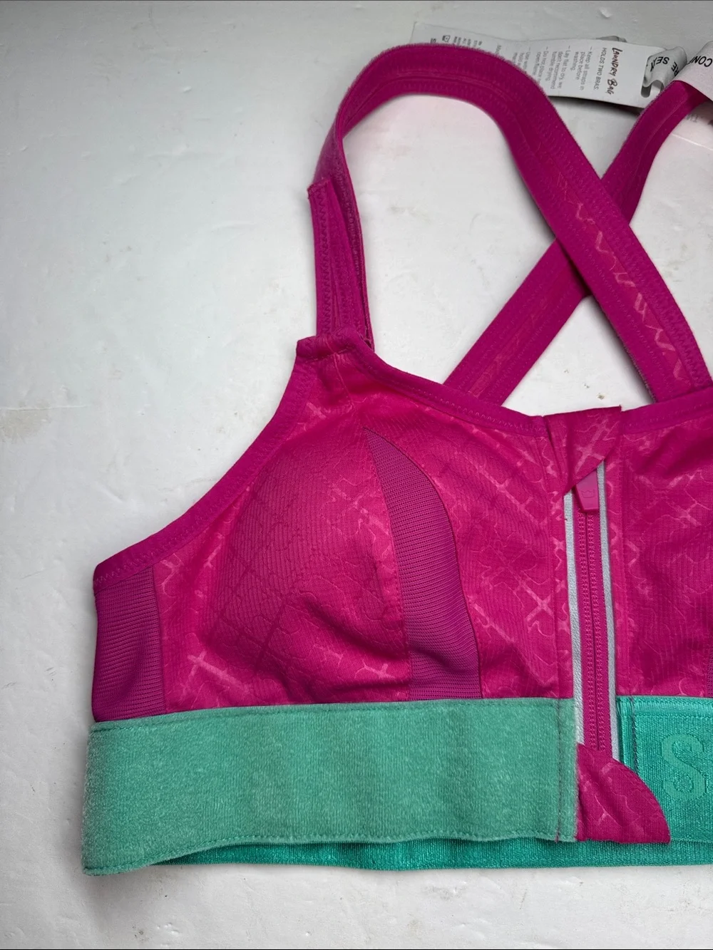 SHEFIT Bright Pink Sports Bra Teal Band S zip front new workout comfort support - Picture 7 of 9